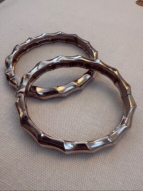 Silver Bamboo-Style Metal Clamper Bangles - Set of 2